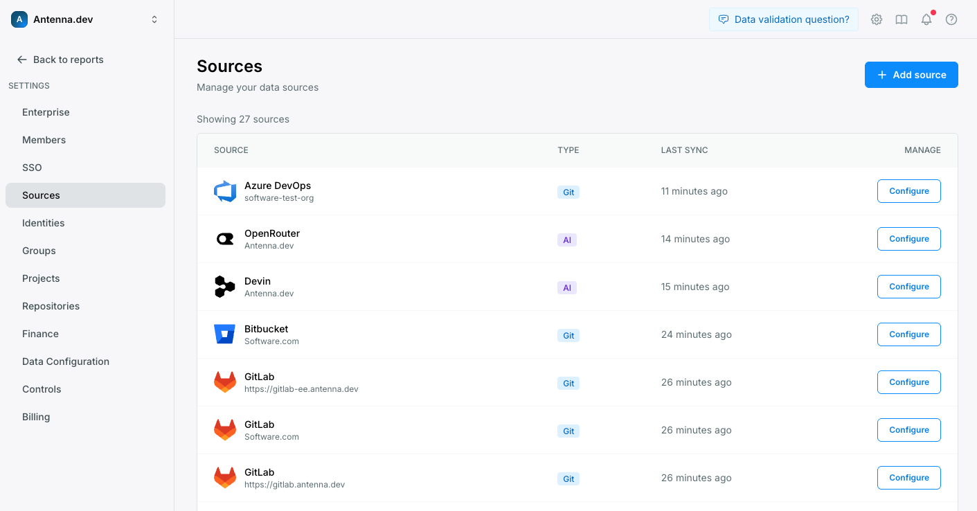 Configure Bitbucket in Antenna Settings > Sources