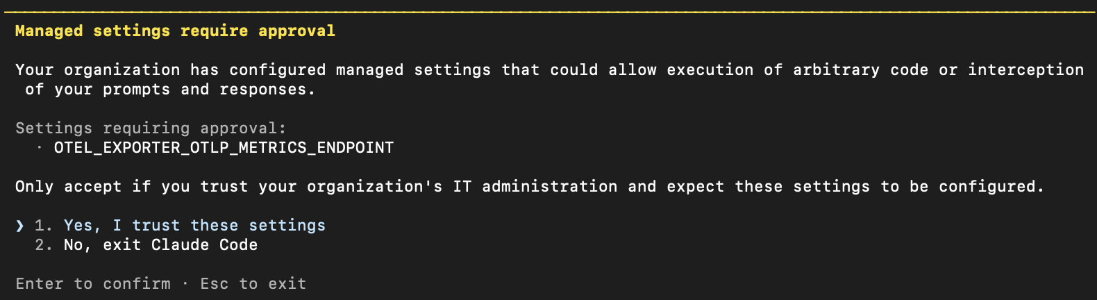 Managed settings require approval notification in Claude Code terminal
