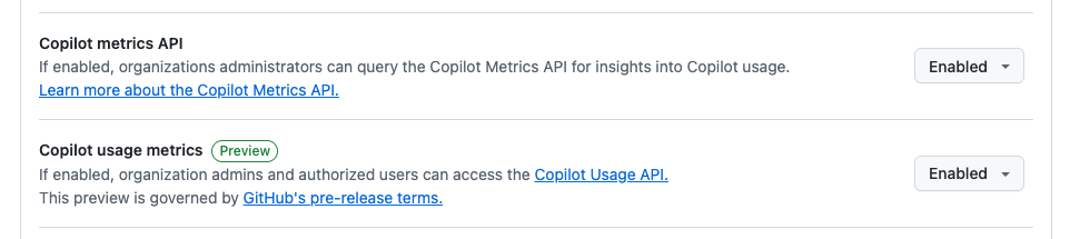 GitHub Copilot metrics API and Copilot usage metrics (Preview) settings set to Enabled
